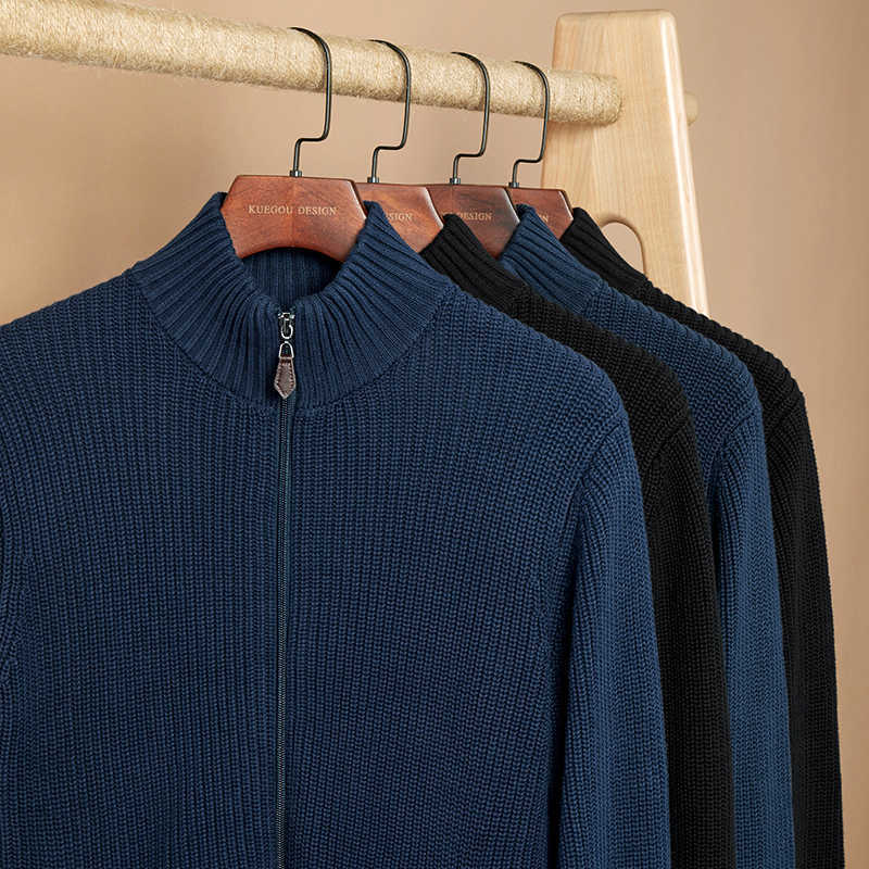 KUEGOU 100%Cotton Autumn Winter Clothing Semi-high Collar Mans Sweater warm Coat Streetwear Fashion Knitted Men Outwear 8947 211008