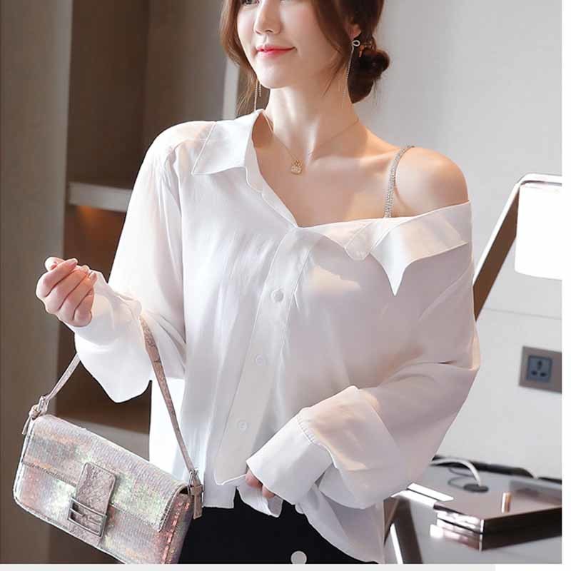 Chemisier Femme Fashion Women Tops and Blouses Autumn Women's Shirt Exposed Shoulder Elegant White Long Sleeve 10772 210518