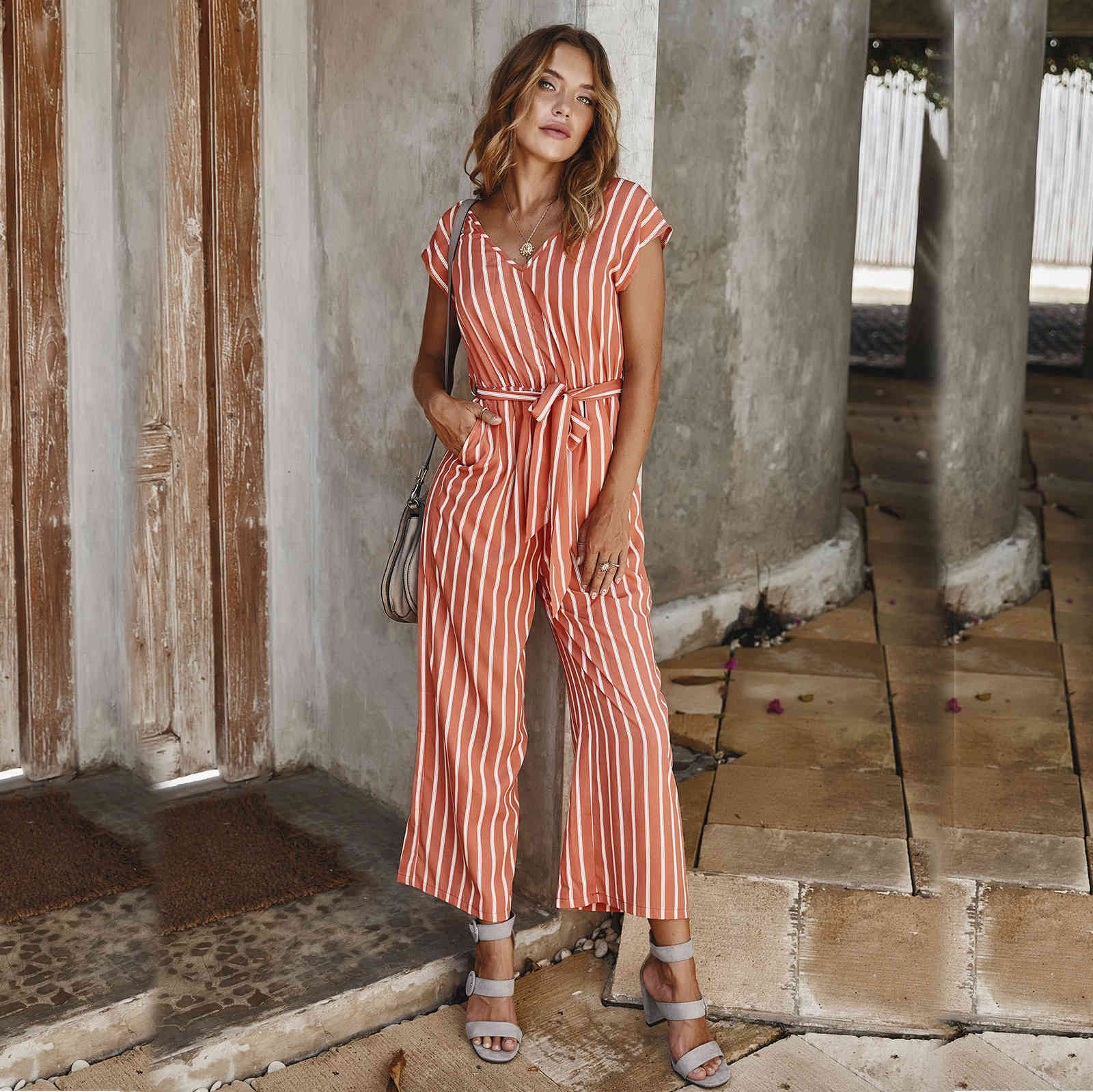 women summer jumpsuits Fashion strip printed wide leg Cotton Straight Striped Lace Up High Waist Womens Jumpsuit 210524