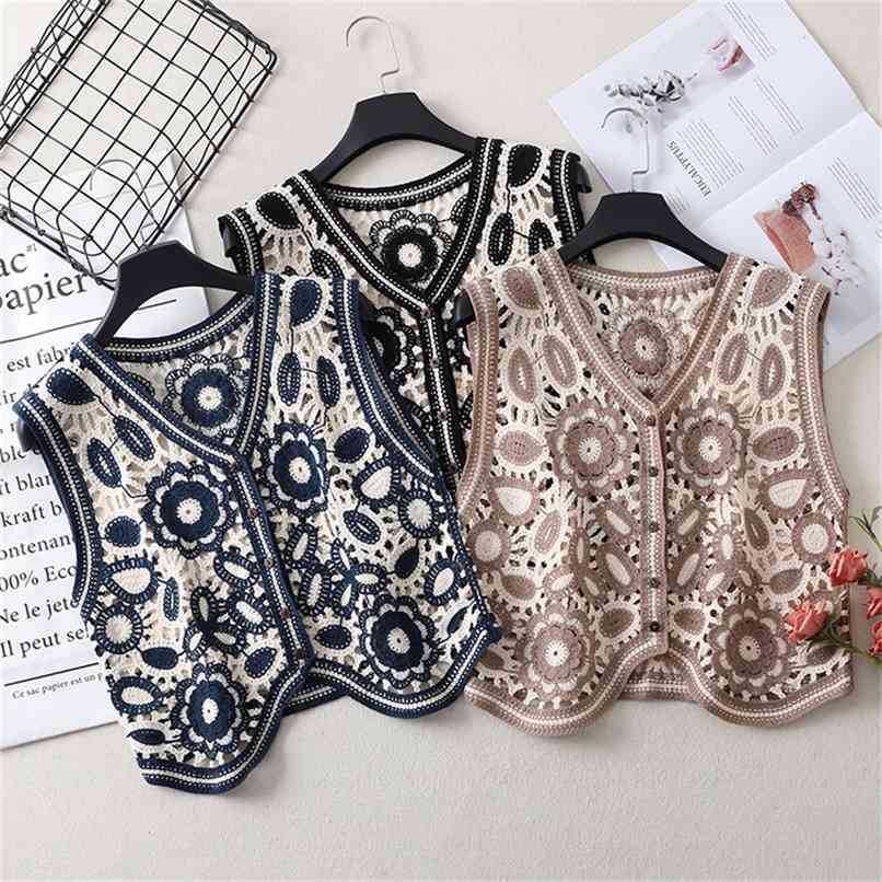 Floral Crochet Knitted Vest Women Summer Autumn Womens Retro Sleeveless Jacket Cardigan Boho Bohemian Embroidery Waistcoat 210819