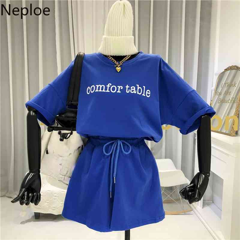 Neploe Tracksuit Sets Women Summer Fashion Letter Print Short-sleeved T-shirt Casual Shorts Loose Two-piece Suit Female 210422