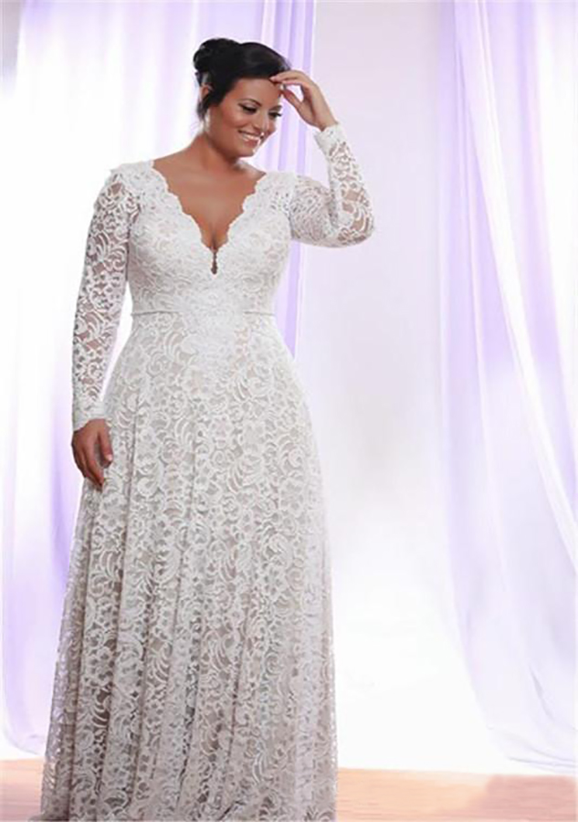Cheap Plus Size Full Lace evening formal dresses With Removable Long Sleeves V Neck Bridal Gowns Floor Length A Line prom gown