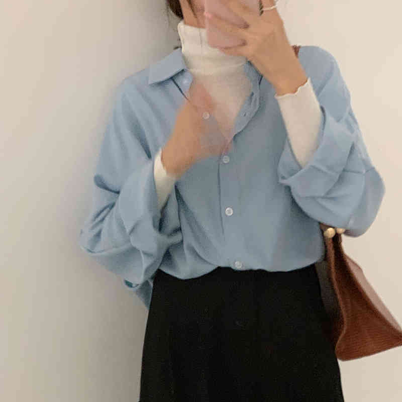 Autumn Korean Loose Women Blouses Shirts Full Sleeve Turn-down Collar Casual Fashion Solid Female Blusas Tops Femme 210514