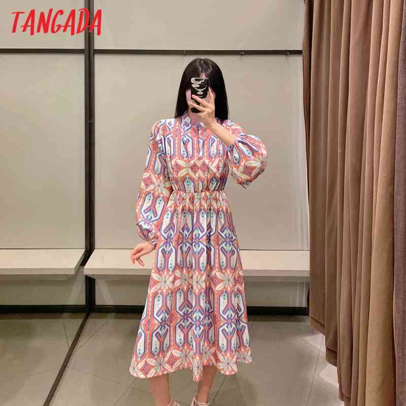 Spring Fashion Women Geometry Print Shirt Long Sleeve Strethy Waist Office Ladies Midi Dress 2W76 210416