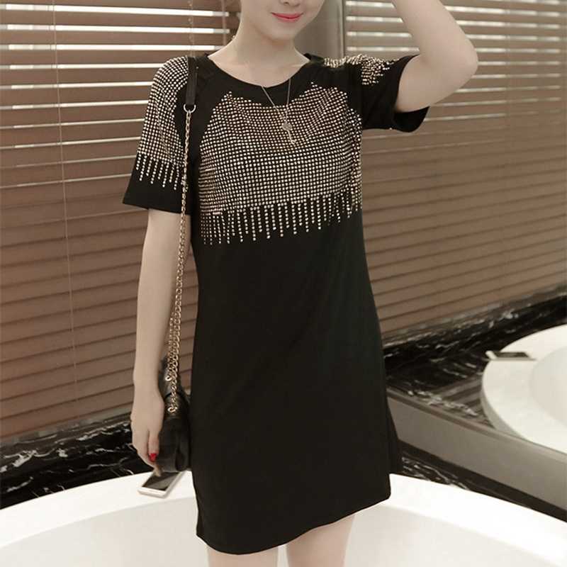 Women Summer Dresses Fashion Casual Short Sleeve Vestidos Sexy Rivet Diamonds Dress Shirt Loose Black Dress Plus Size XXXL 210630