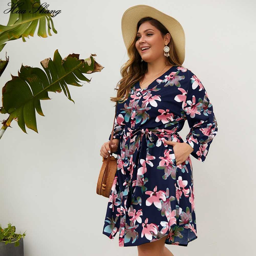 Plus Size Floral Dress Women Summer V Neck Long Sleeve Pockets Casual Midi Dresses Big Size Ladies Boho Beach Dress 210630