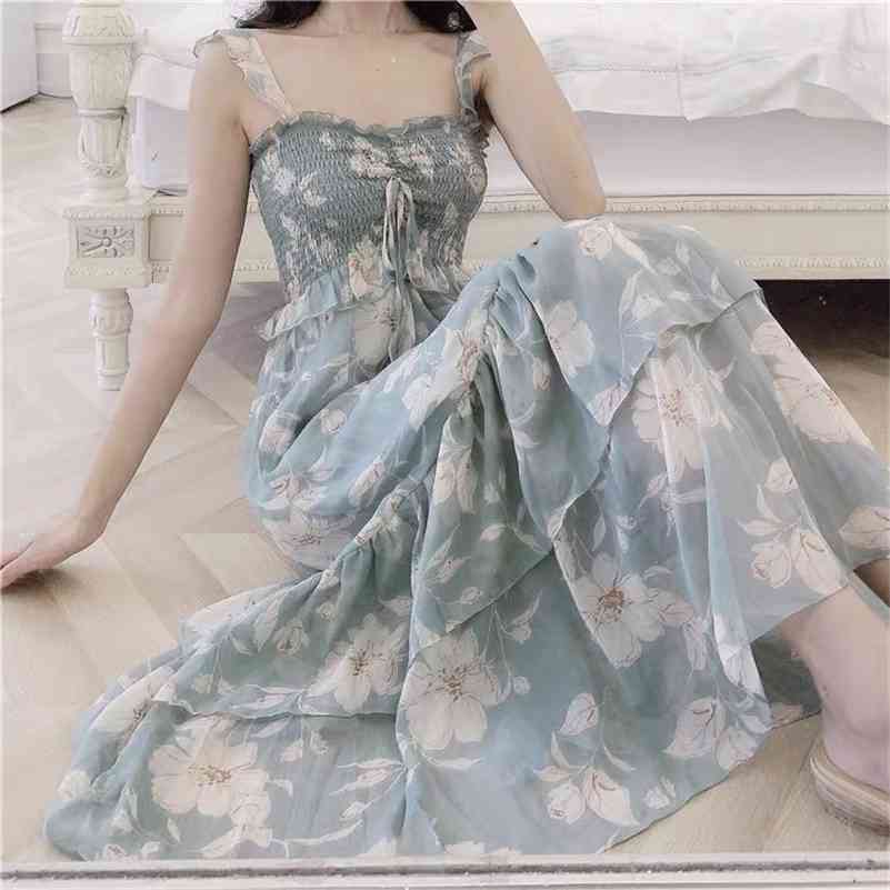 Summer Spaghetti Strap Chiffon Dress Women Sleeveless Vintage French Style A-line Long Dress Korea Chic Loose Thin Clothing 210521