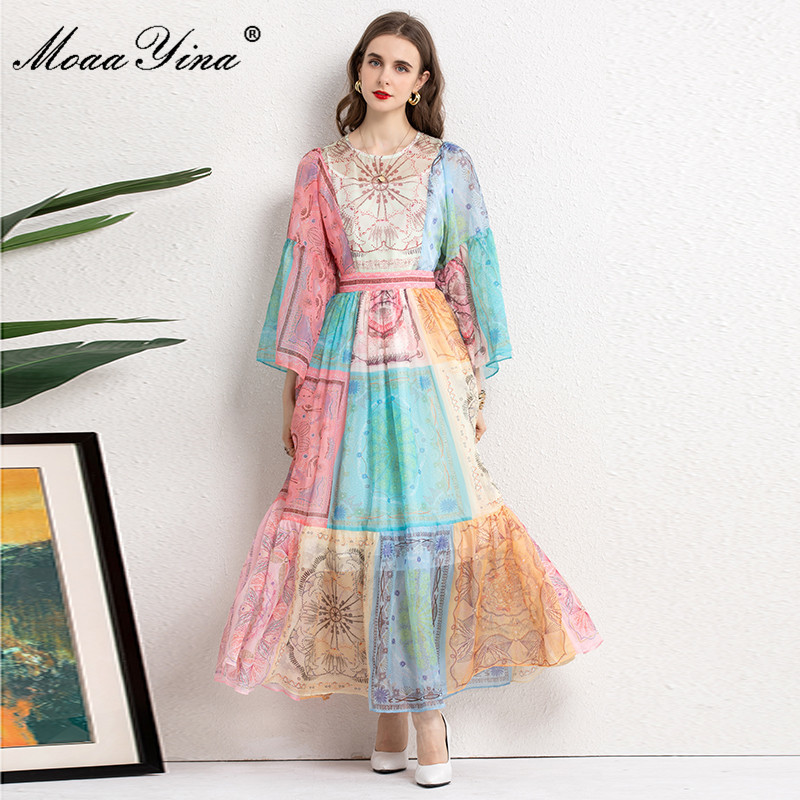 Women's Summer Retro Vacation Dresses Loose Long sleeve Colorblock printing High waist Chiffon Maxi Dress 210524