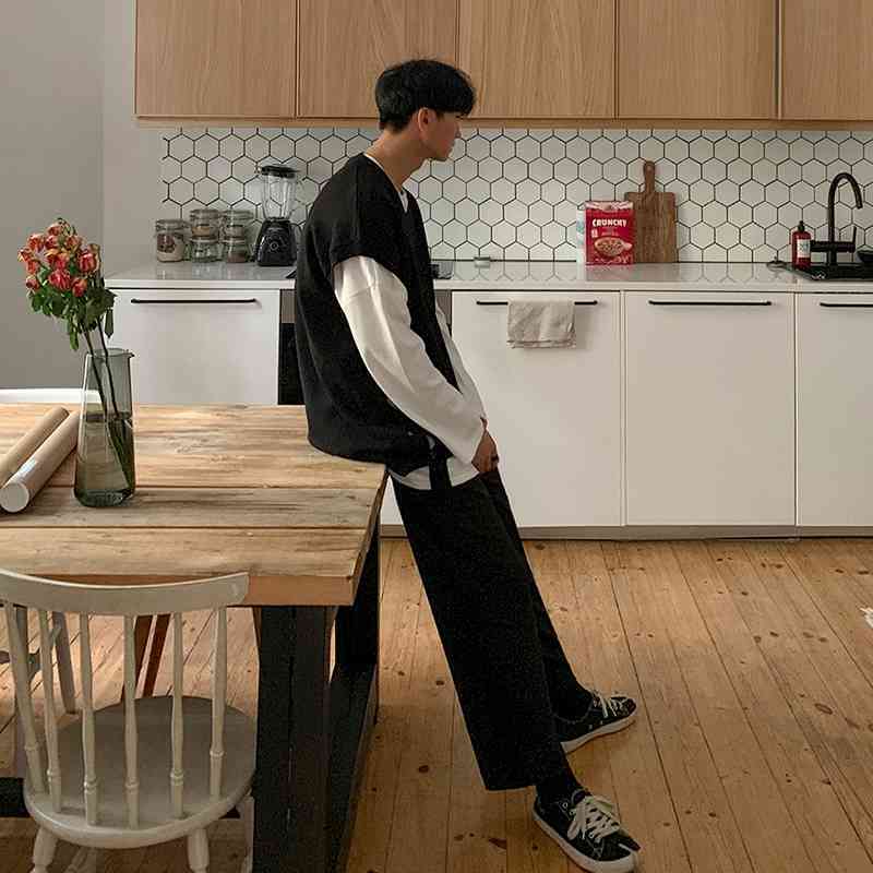 IEFB men's clothing autumn loose sleeveless sweater vest Korean fashion V-neck side buttons v collar kintted waistcoat Y4232 210524