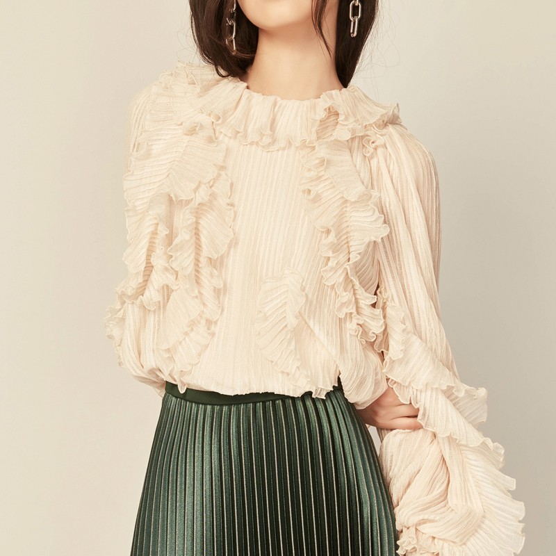 VGH Beige Patchwork Ruffles Women's Shirts Ruffled Collar Butterfly Long Sleeve Loose Slim Female Vintage Top Clothing New 210421