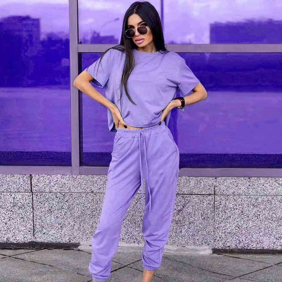 Free Women Summer Sports Pants Suit Casual Short Sleeve Loose Pullover T-shirt & Elastic Two-piece Harem Set 210524
