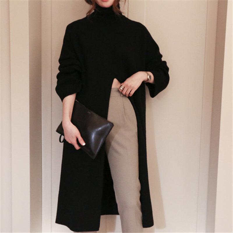 Korea Turtleneck Women Sweet High Waist Stylish Solid Brief Chic Streetwear Feminine Long Split Slender Sweaters 210421