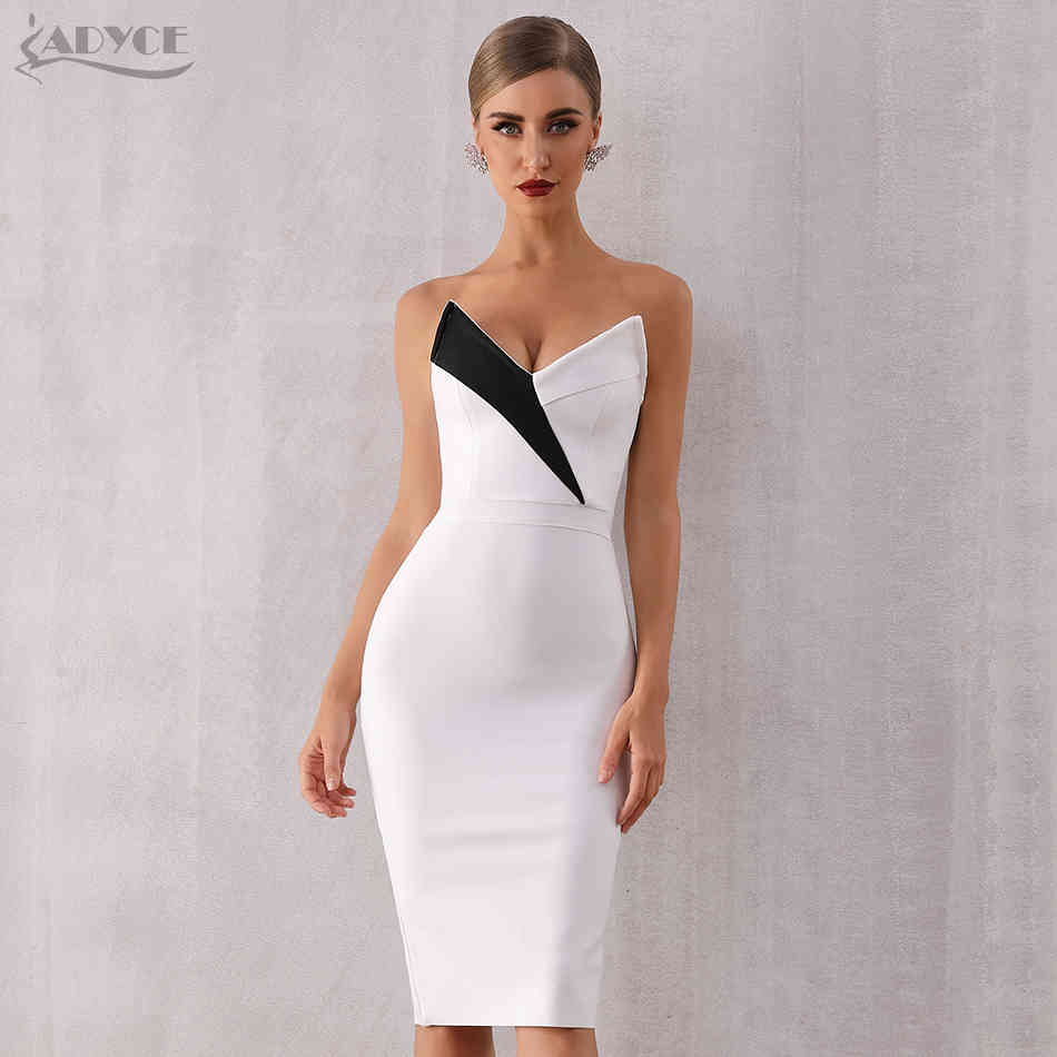 Summer Women Club Bandage Dress Sexy Sleeveless White Black V Neck Elegant Celebrity Evening Party Runway Dresses 210423