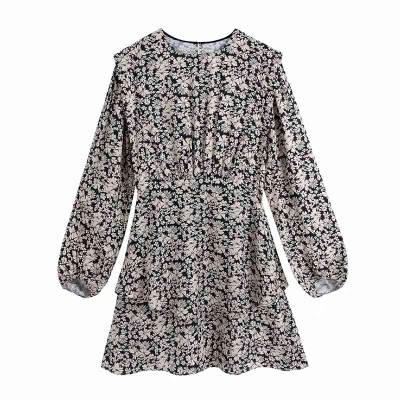 Spring Women Flower Print Cascading Ruffle Slim Mini Dress Female Long Sleeve Clothes Casual Lady Vestido D7267 210430