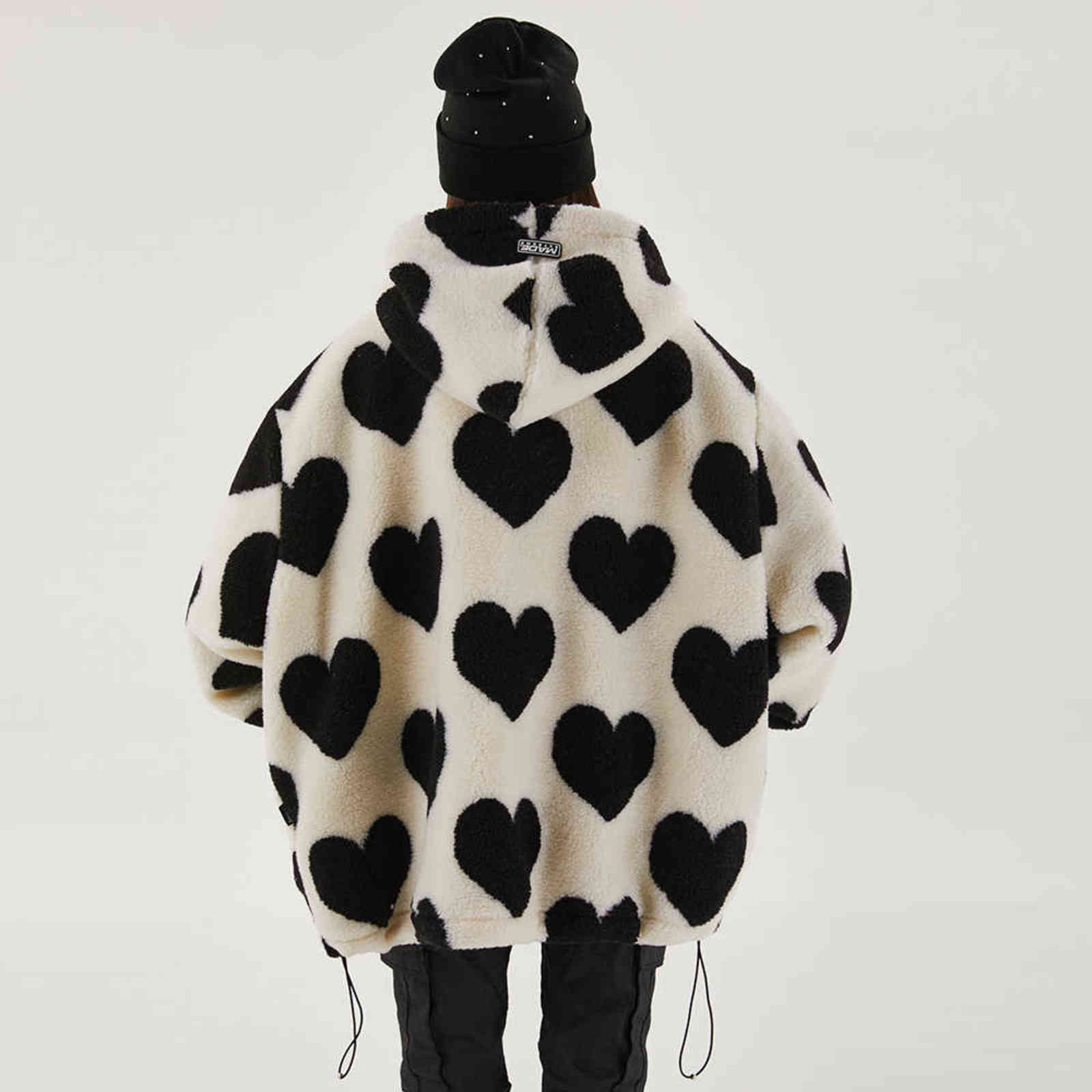 Aolamegs Cute Heart-shaped Print Lambswool Winter Jacket Men Drawstring Pockets Zipper Hooded High Street Warm Couple Streetwear 211110