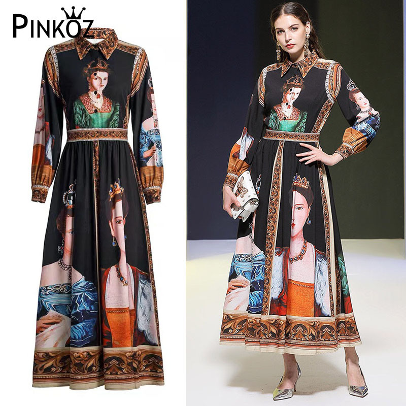 vintage dress painting character printed maxi long sleeve black gothic high waist es oversize big size vestido 210421