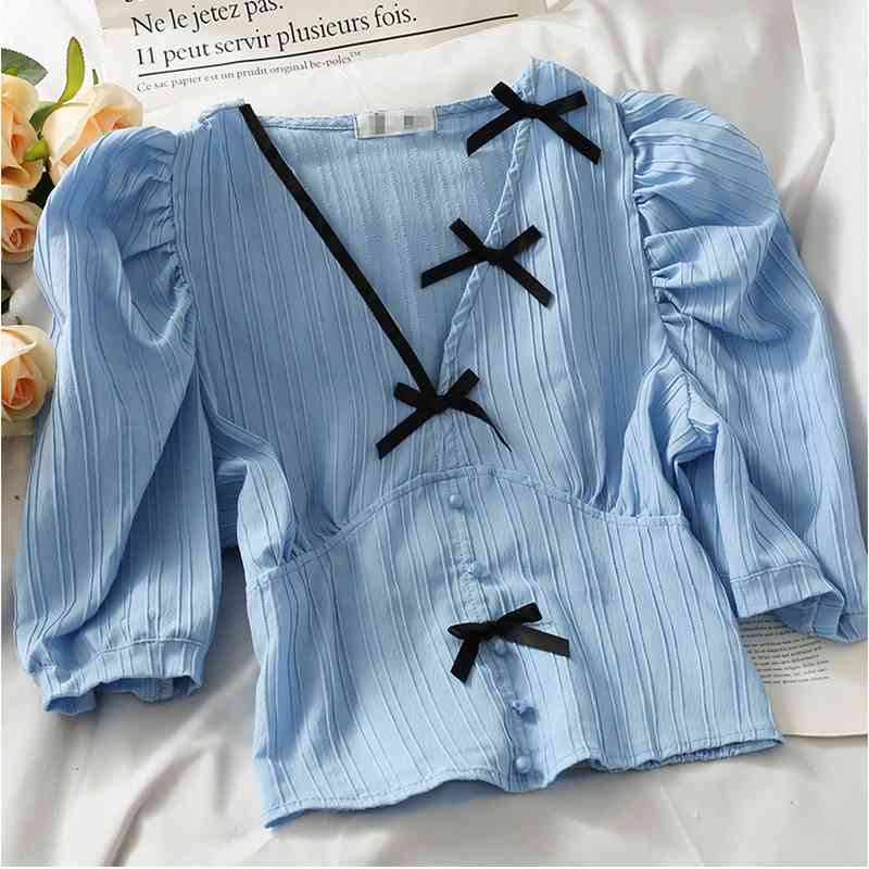 Kimutomo French Bow Blouse Women V-neck Short Sleeve Slim Waist Korean Fashion Summer All-matching Shirt Thin 210521