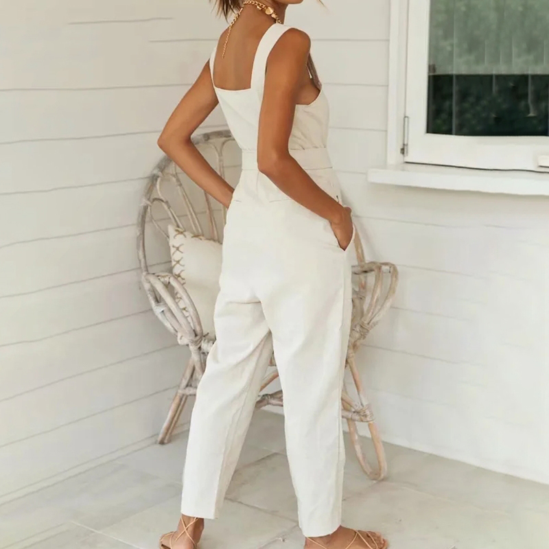 Women Casual Solid Full Length Jumpsuit Sleeveless Office Wear Cargo Pants With Belt Pockets Fashion Jump Suit Summer 210515