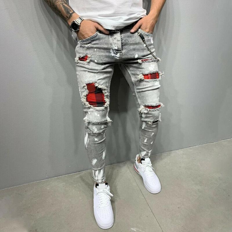 Fashion Men Solid Color Patchwork Skinny Fit Ripped Jeans Stretch Denim Pants Men's
