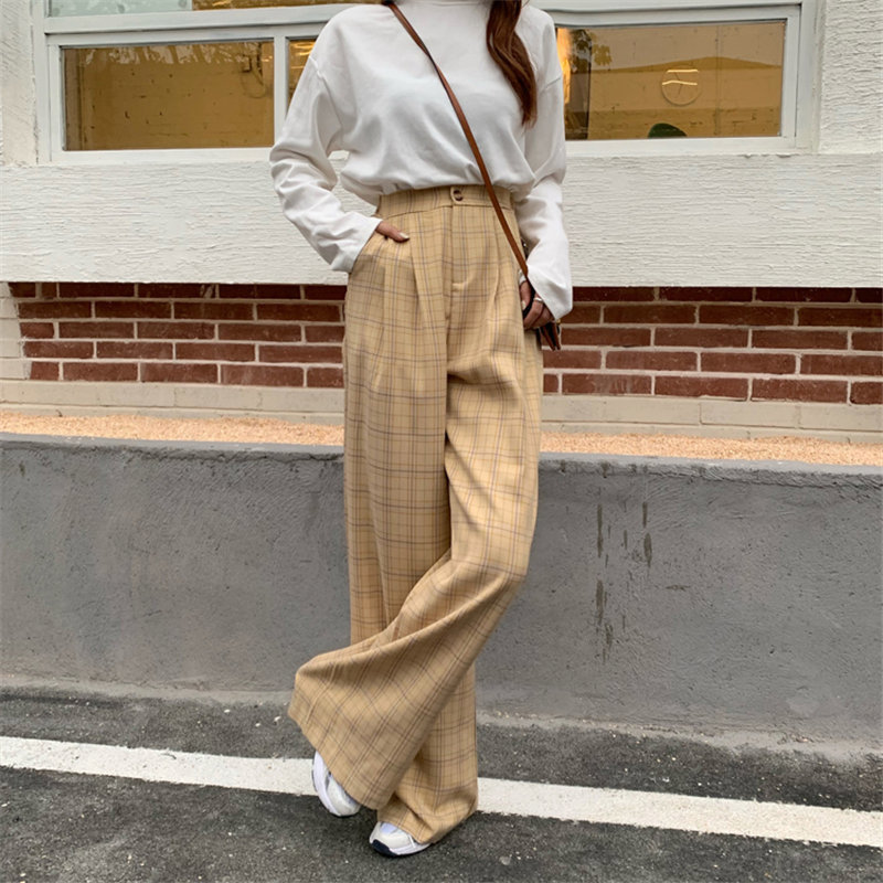 Korean Plaid Straight Casual Geometric Trousers Elegant Leisure Women Slim Brief Stretwear Loose Female Pants 210421