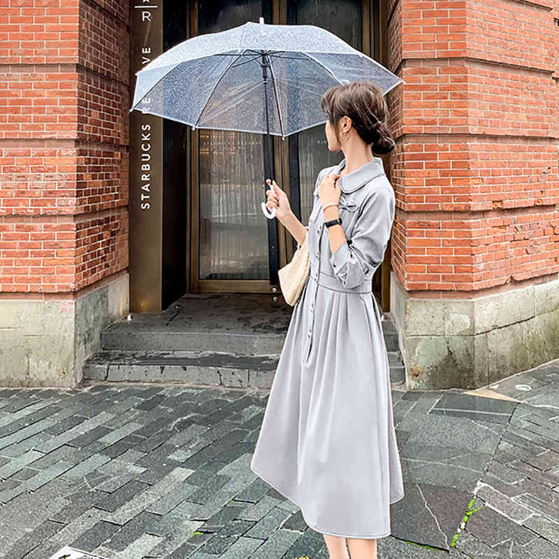 SHENGPLLAE Elegant Open Line Dress Women's Spring Peter Pan Collor Single Breasted Loose Long Sleeve Mid-calf Dresses 210427