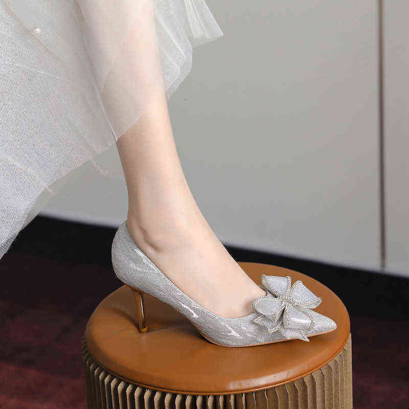 kukuHigh Heels in Autumn 2021 Female Stiletto Fairy Style Sequin Pointed Banquet Bow Large Single Shoe