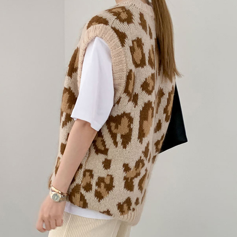 High Street Leopard Sweater Vest Women O Neck Pullover Sweaters Sleeveless Loose Fashion Knit Ladies Tops Autumn Spring 210414