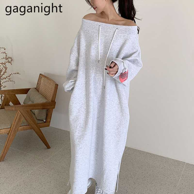 Spring Autumn Slash Neck Long Sleeve Women's Sweatshirt Dress Fashion Solid Loose Pockets Maxi Ladies Vestidos 210601