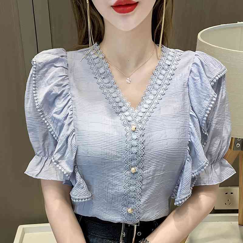 Summer Women Korean-Style Loose Shirt V-neck Ruffled Short-Sleeved Ladies Top Fashion Sweet Pullover Solid Blouses 210515