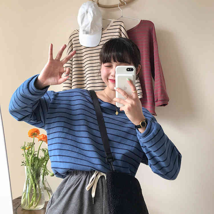 3 colors autumn korean style loose stripe Women Sweatshirts Long Sleeve Sweatshirt Womens pullovers ( F3926) 210423