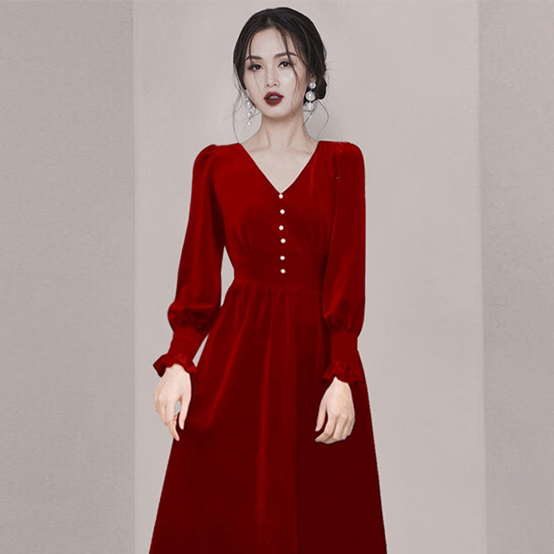 Autumn Winter Velvet Dresses For Women Vintage V Neck High Waist Knee-Length Female Vestido Da Festa 210520
