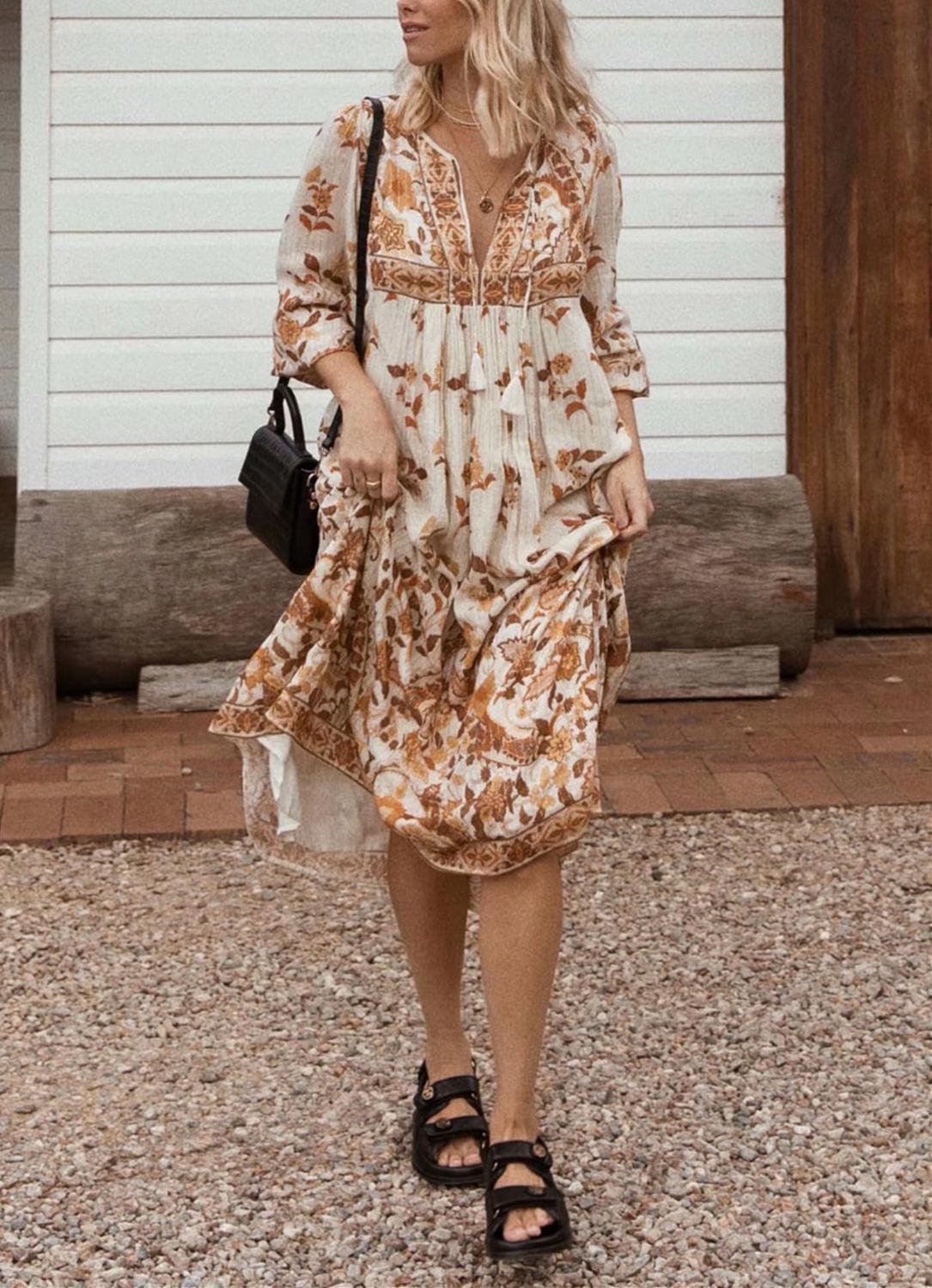Bohemia Lacing up V neck Pteris flower Print Long Dress Khaki Ethnic WomanTassel Strappy Sleeve Holiday Dresses Beach 210429