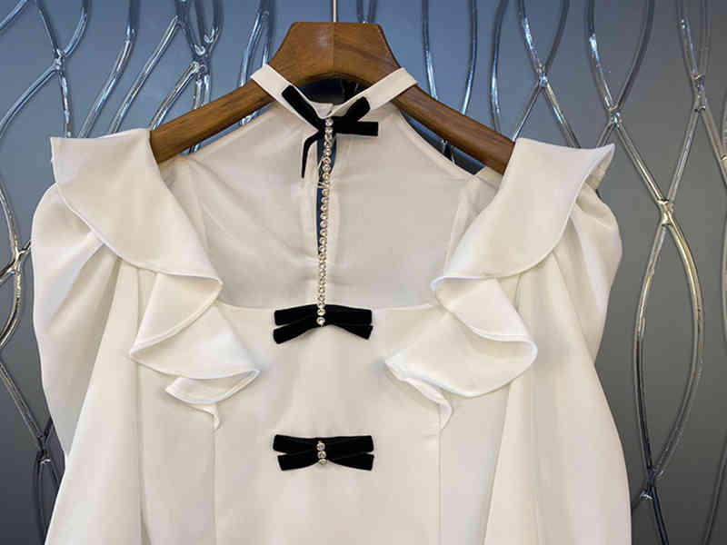 TWOTWINSTYLE Elegant Patchwork Ruffle Shirt For Women Hooded Collar Long Sleeve Hollow Out White Blouse Female Fashion 210517