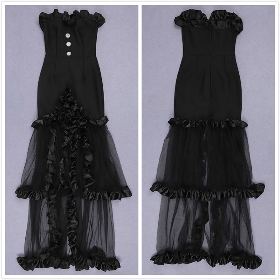 Free Women's Celebrity Club Runway Party Dress Vestidos Strapless Sleeveless Mesh Ruffled Bandage Midi Dresses 210524