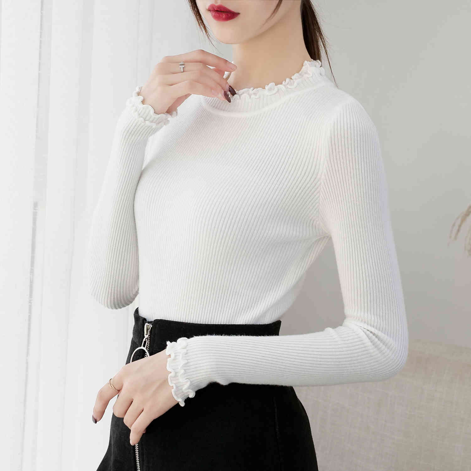 Semi-high-collar knitted sweaters long sleeves pullovers Half-High Neck HongKong style women Slim Fit Sweaters 7233 50 210508