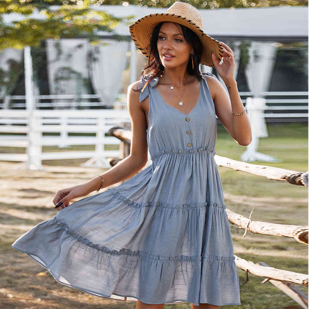 women summer dress fashion Cotton A-Line V-Neck Spaghetti Strap Buttons Solid Casual Women pleasted knee length dresses 210524