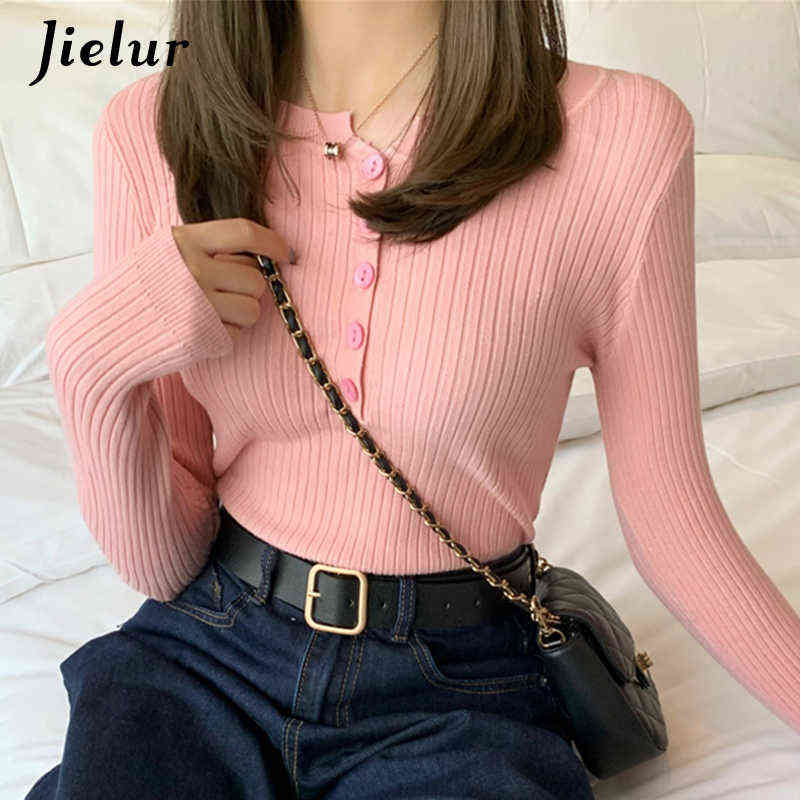 Jielur Sweater Women Solid Color O-neck Pullovers Basic Primer Pull Femme Button Chic Jumper Soft Slim Autumn Knitted Sweaters 211109