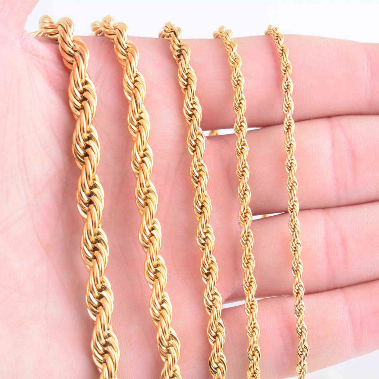 High Quality Gold Plated Rope Chain Stainless Steel Necklace For Women Men Golden Fashion Twisted Rope Chains Jewelry Gift 2 3 4 5 6 7mm H1027