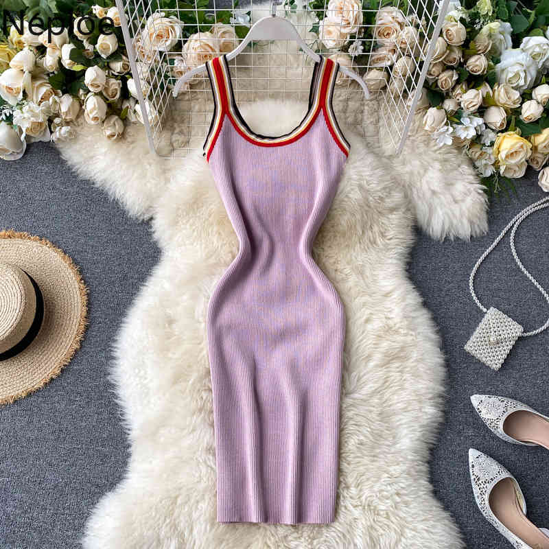 Neploe Contrast Color Summer Dress Knitted Fashion Bodycon Dresses Women Knitting Korean Sexy Stretch High Waist Vestidos 210423