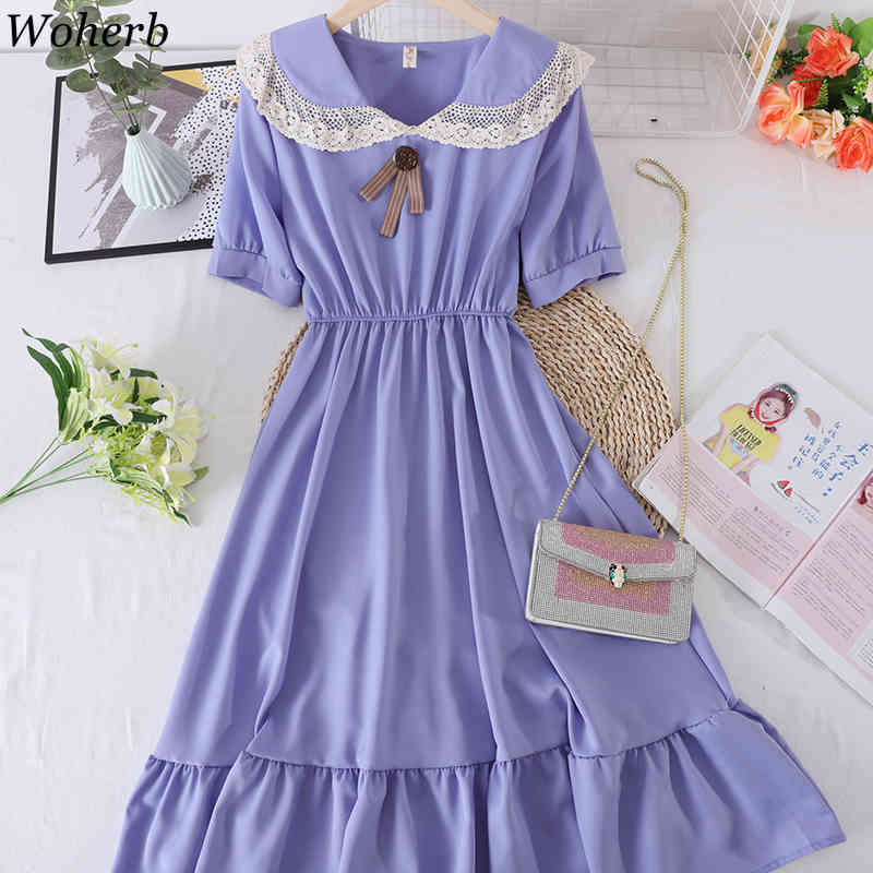 Vintage Elegant Dress Women Peter Pan Collar Lace Patchwork Slim A-line Dresses Korean Sweet Wild Temperament Vestidos 210519