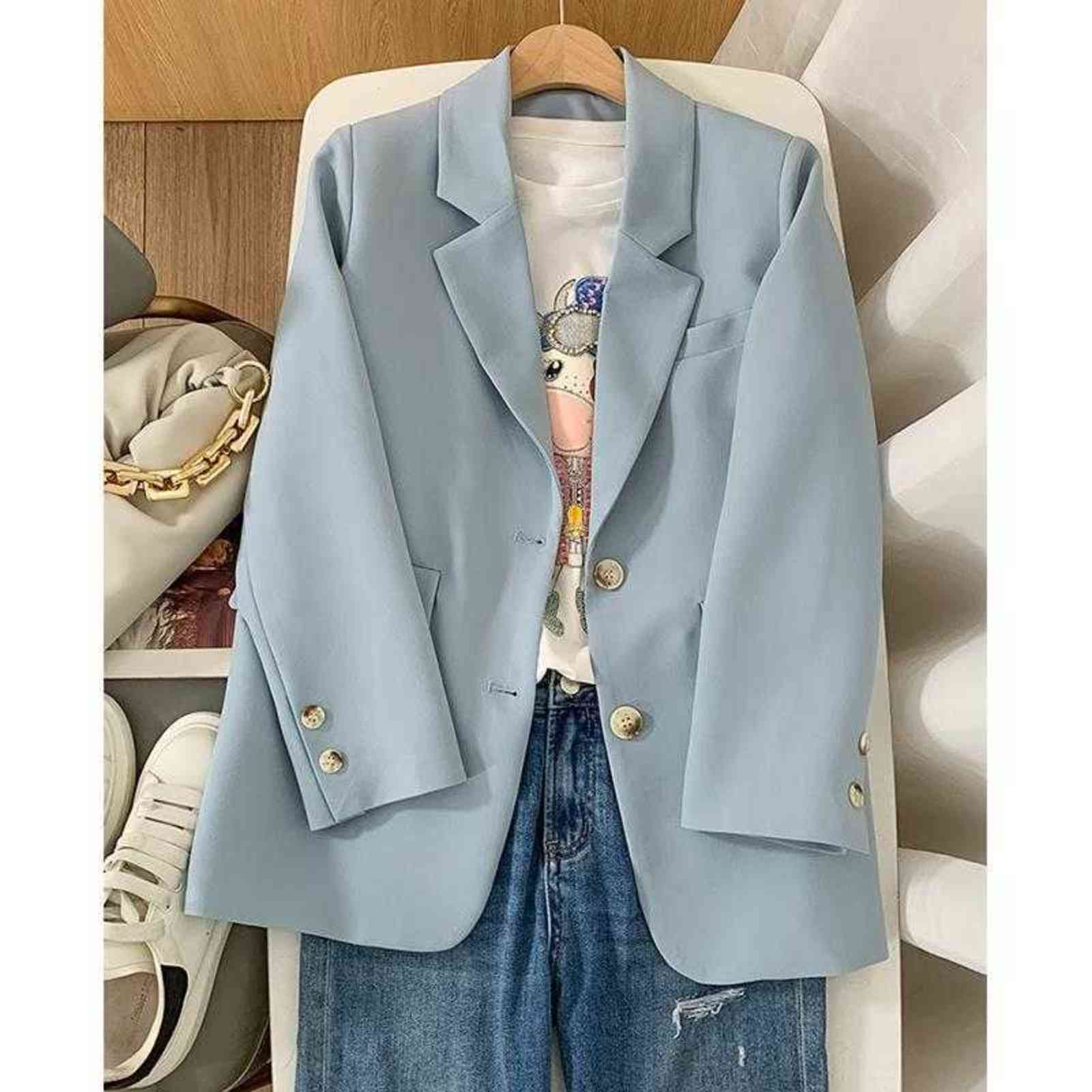 Solid Blue Black Color Long Sleeve Women Blazer Korean High Fashion Trendy Women Kacket Coat for Office Lady 211120