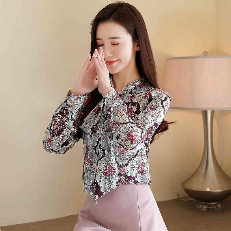 Fashion Women BowTops Korean Style Long Sleeve Print Shirt Loose Chiffon Blouse Office Lady Clothes Blusas 8401 50 210506