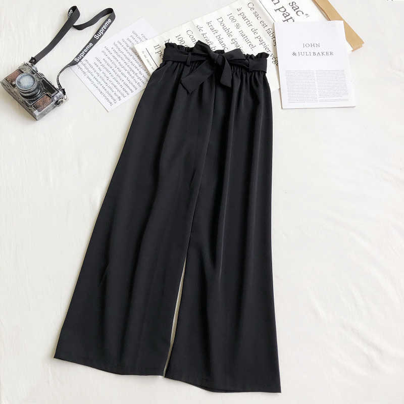 LY VAREY LIN Summer Women Casual Elastic Waist Wide Leg Pants Loose Female High Bow Solid Color Ankle-length 210526