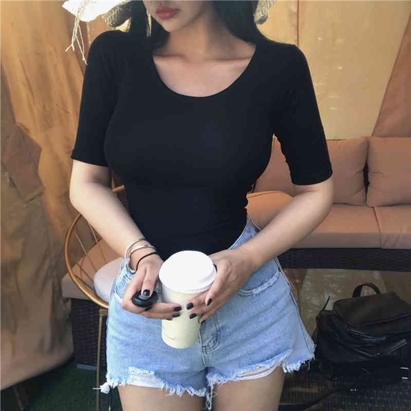 Summer Cotton White Pink Sexy Tops Women Casual O Neck Blouse for Short Sleeve Solid Ladies Shirts Clothes 9264 50 210508
