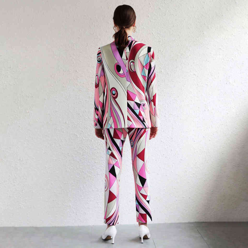 Free Spring Fashion Long Sleeve V-neck Single Button Printing Blazer Pencil Pants Two-piece Set Women 210524