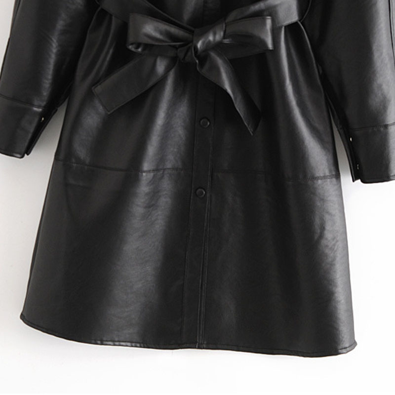 Black PU Single-breasted Long Sleeves Windproof Keep Warm Chic Female Jacket Fashion Motorcycle with Belt Lapel Women's Coat Top 210507