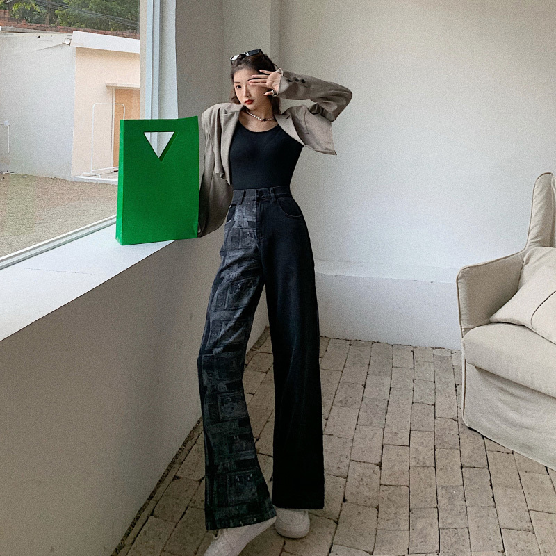 Women Harajuku Contrast Color Jeans Woman High Waist Patchwork Wide Leg Trousers Ins Streetwear Casual Denim Pants 210519