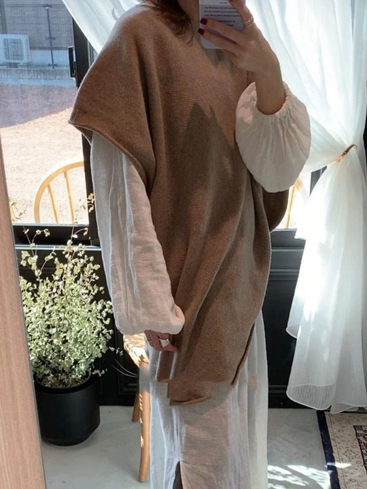 Nomikuma Fashion Causal Women Two Pieces Suits Long Sleeve Loose Blouse Dress + Knitted Korean Sweater Vest Sets 6D779 210427