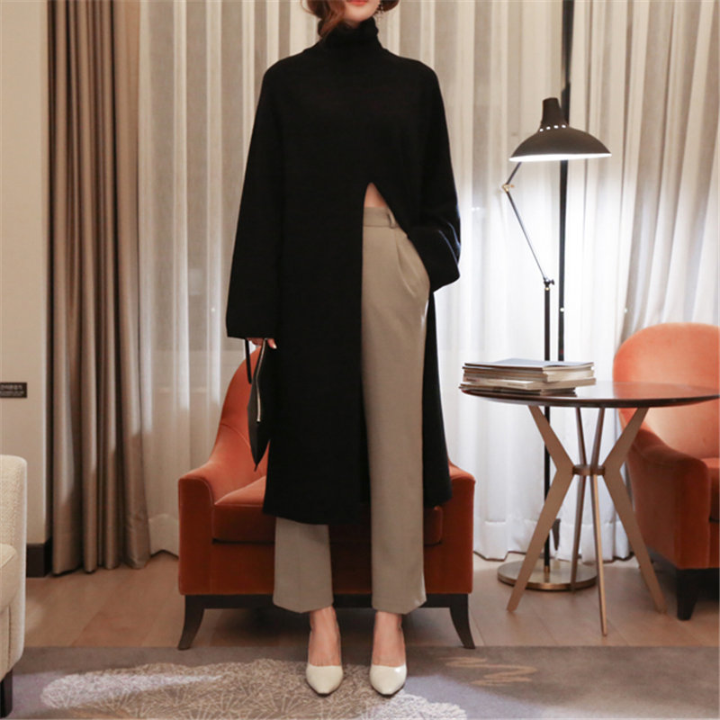 Korea Turtleneck Women Sweet High Waist Stylish Solid Brief Chic Streetwear Feminine Long Split Slender Sweaters 210421