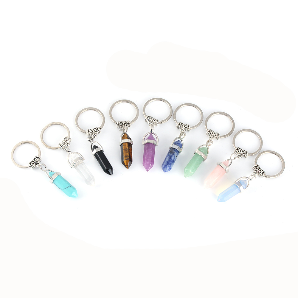 Natural Stone hexagonal prism Keychains Silver Color Healing Pink Crystal Car Decor key rings Keyholder for Women Men